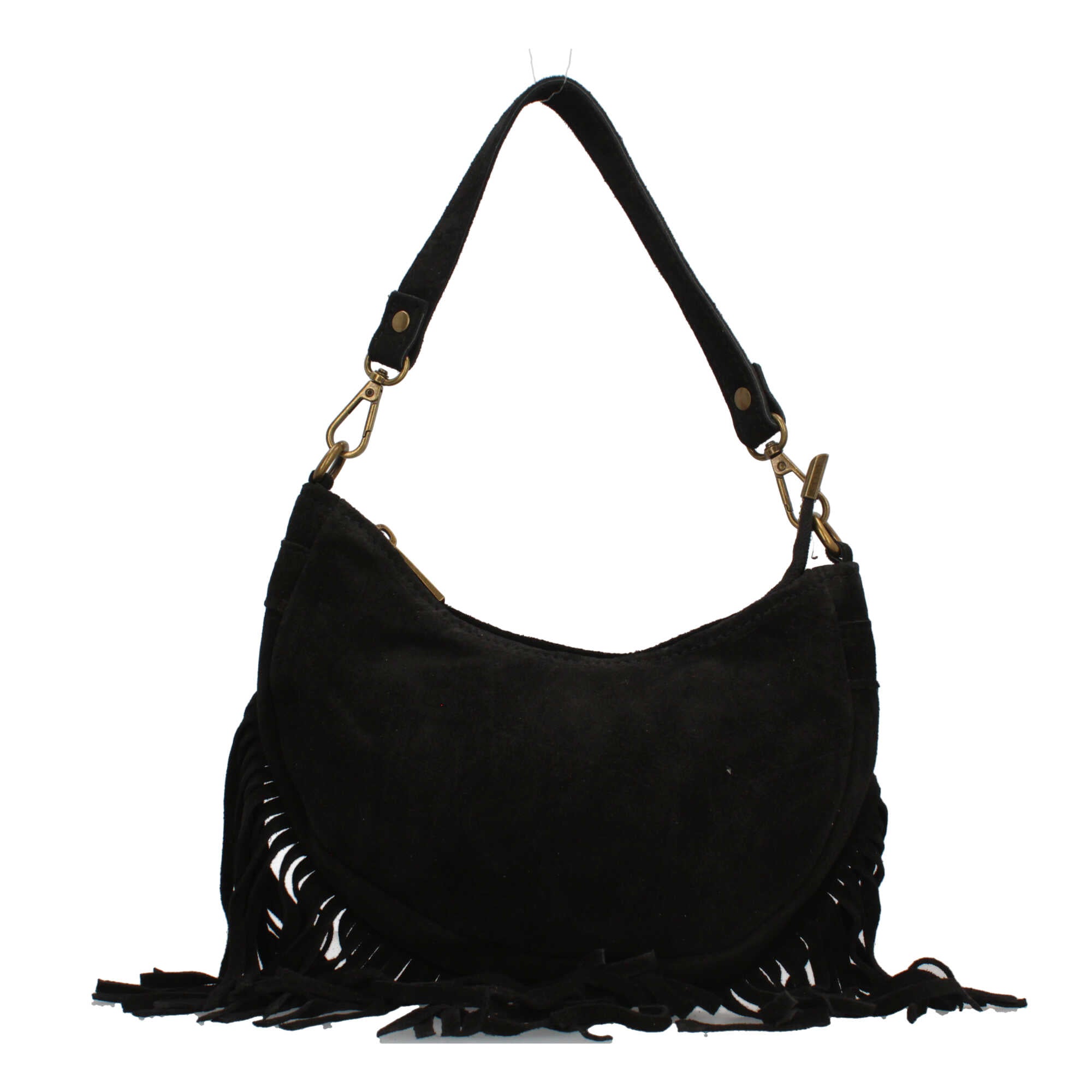 Borsa a spalla in vera pelle scamosciata con frange Made in Italy Nero TU | Giò Fashion