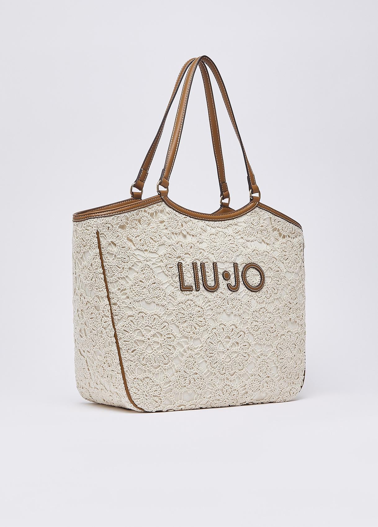 Borsa shopping Liu Jo in pizzo con logo frontale e doppi manici Cream TU | Giò Fashion