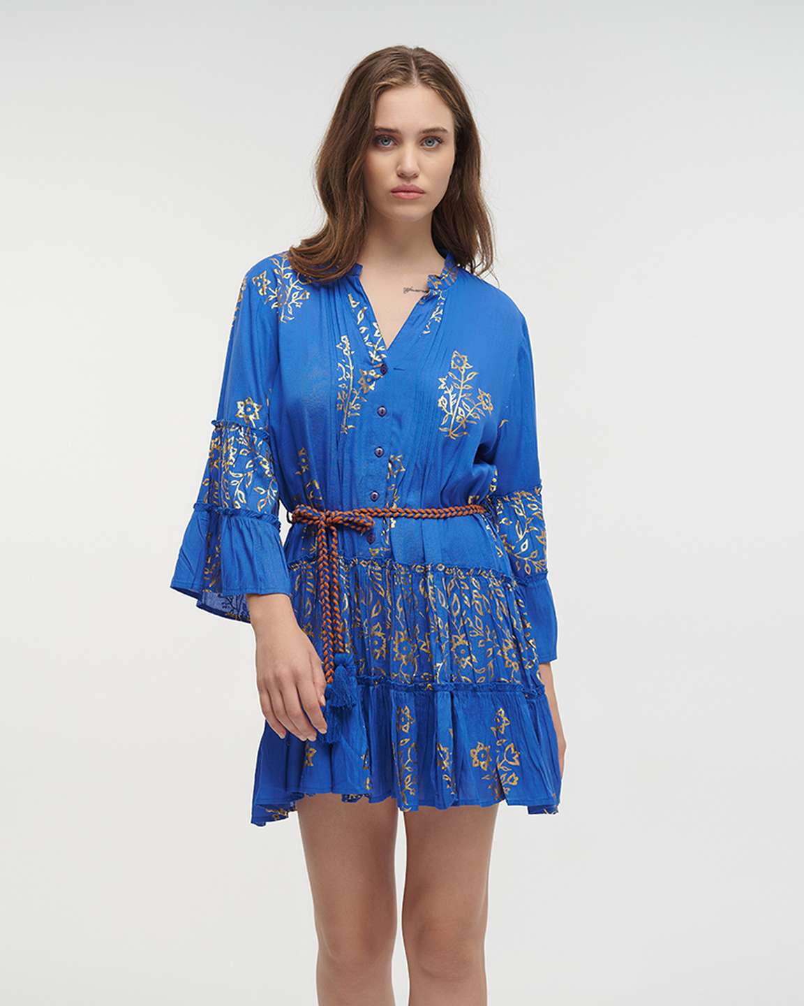 Ble Resort Collection Abito Corto a Maniche Lunghe con Stampe e Cintura