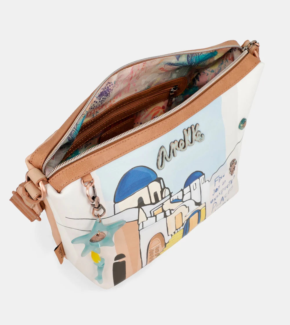 Borsa a tracolla media Anekke Sunrise con stampa ispirata al Mediterraneo Bianco TU | Giò Fashion