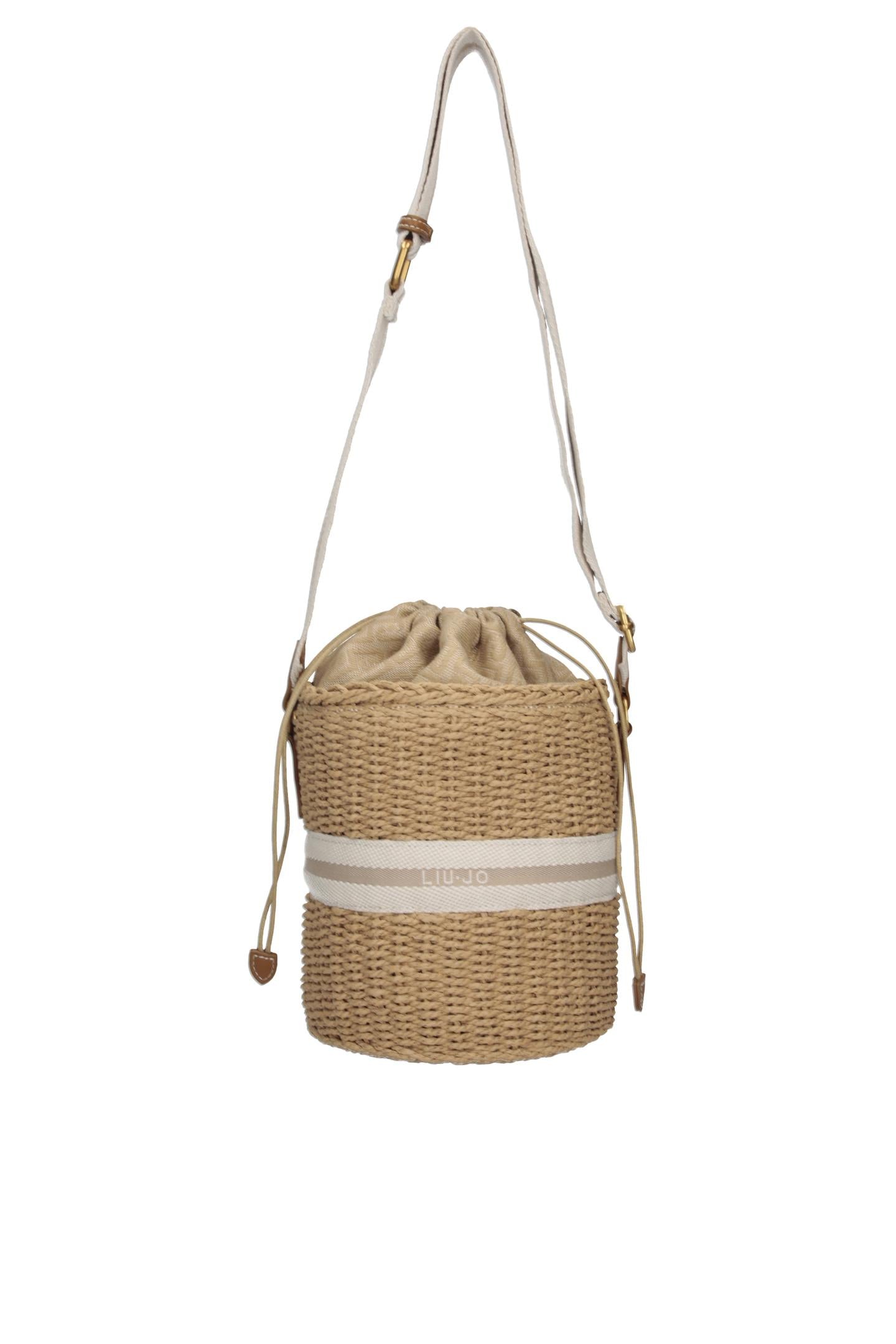 Borsa a tracolla Liu Jo effetto paglia con dettagli denim e logo Cream TU | Giò Fashion
