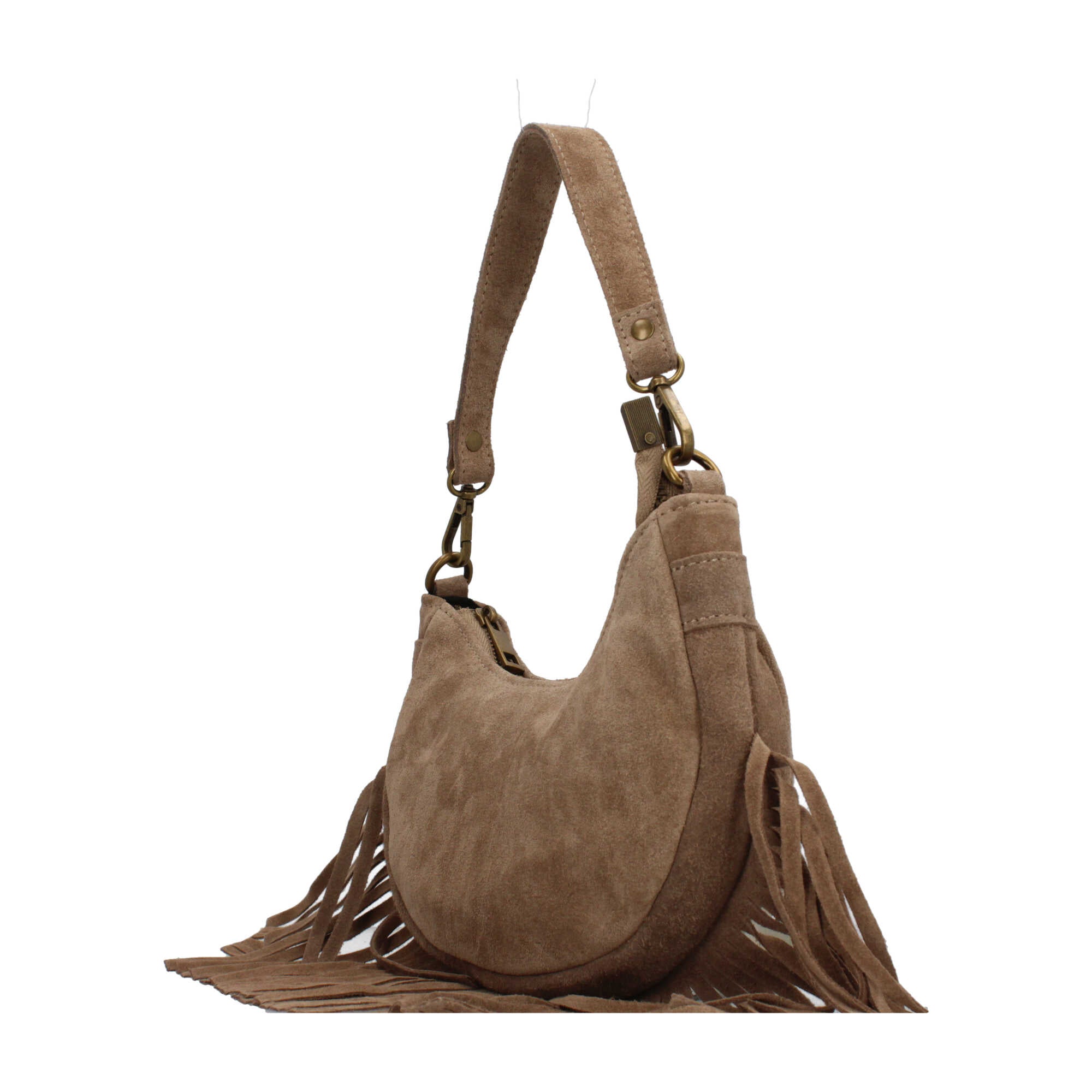 Borsa a spalla in vera pelle scamosciata con frange Made in Italy Borsa a spalla in vera pelle scamosciata con frange Made in Italy