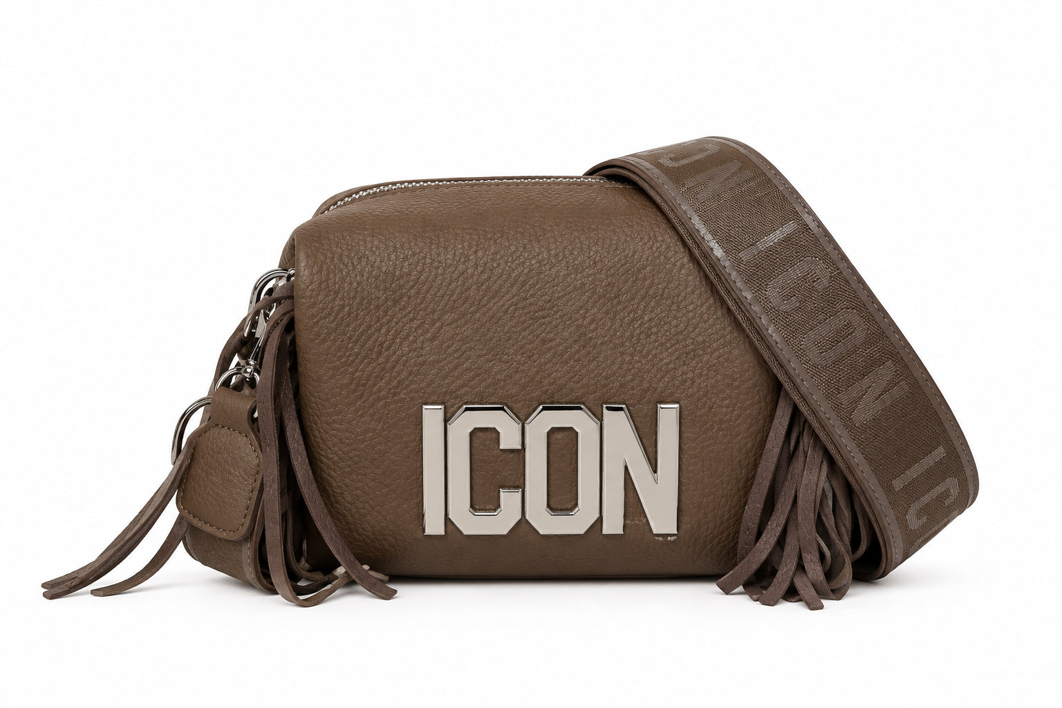 Borsa a tracolla con frange e logo metallico