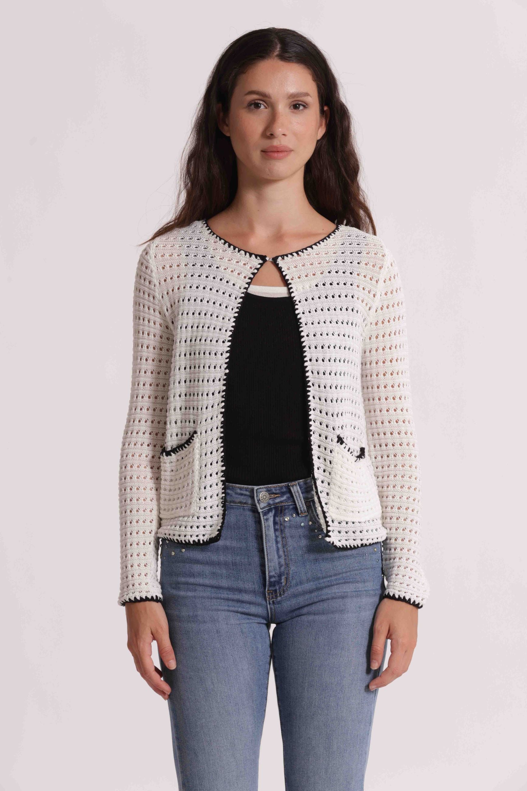 Mimi Mua cardigan donna traforato con profili a contrasto elegante PANNA/NERO S | Giò Fashion