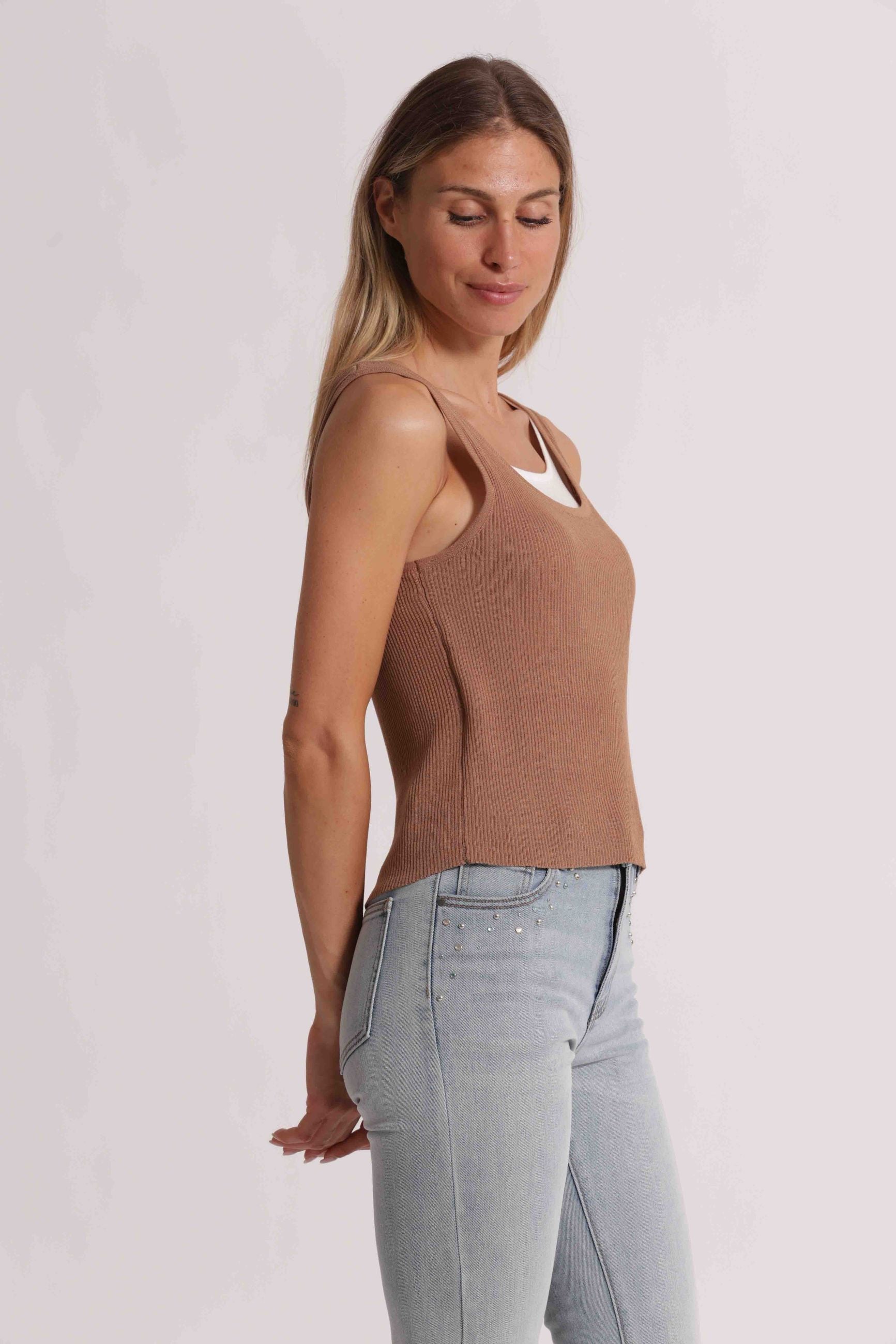Mimi Mua cardigan donna corto in maglia a coste con bottoni CAMMELLO/PANNA S | Giò Fashion