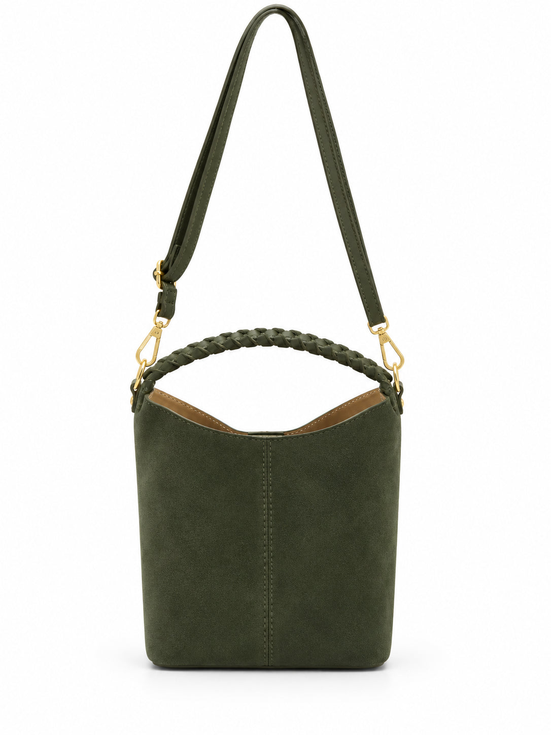 Borsa Vera Pelle in Camoscio Cuoio con Manico Intrecciato, Tracolla e Pochette