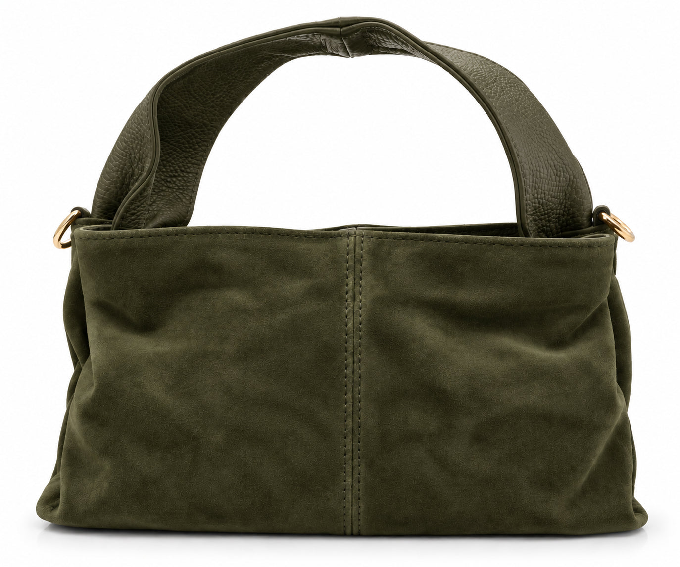 Borsa a Mano Vera Pelle in Camoscio Nero con Manici in Pelle Martellata