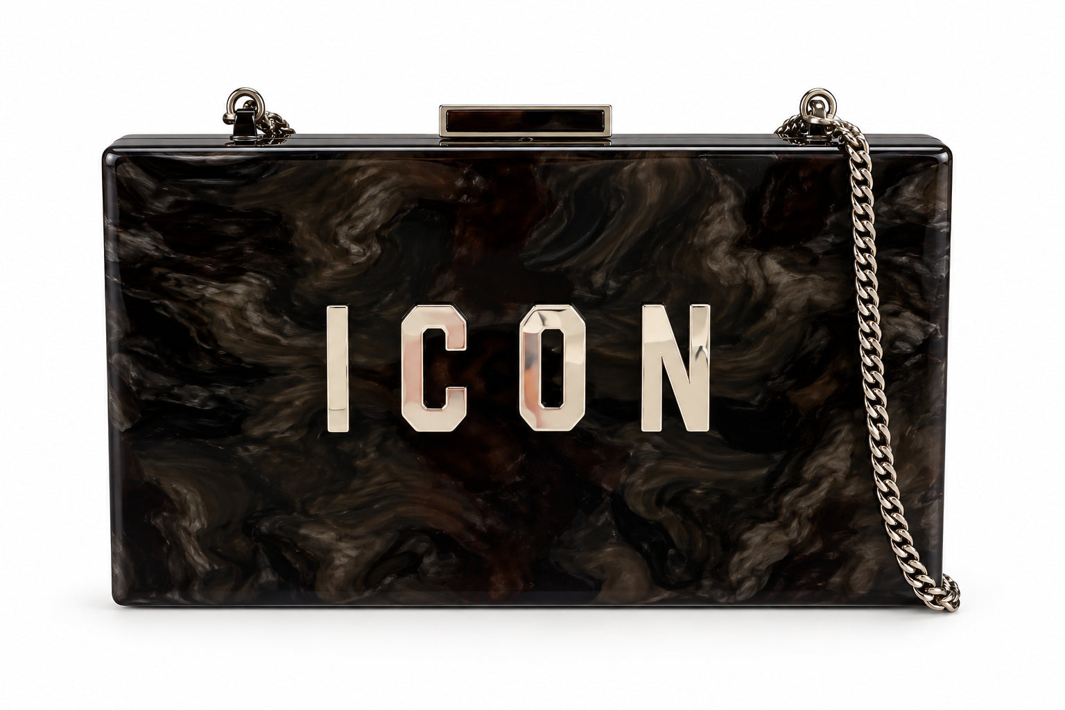 Pochette rigida effetto madreperla con logo strass e catena
