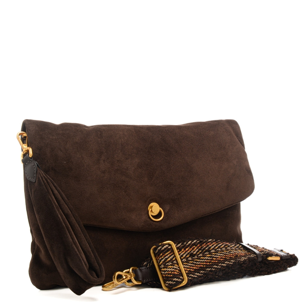 Borsa a tracolla Gianni Chiarini in suede con patta e tracolla intrecciata