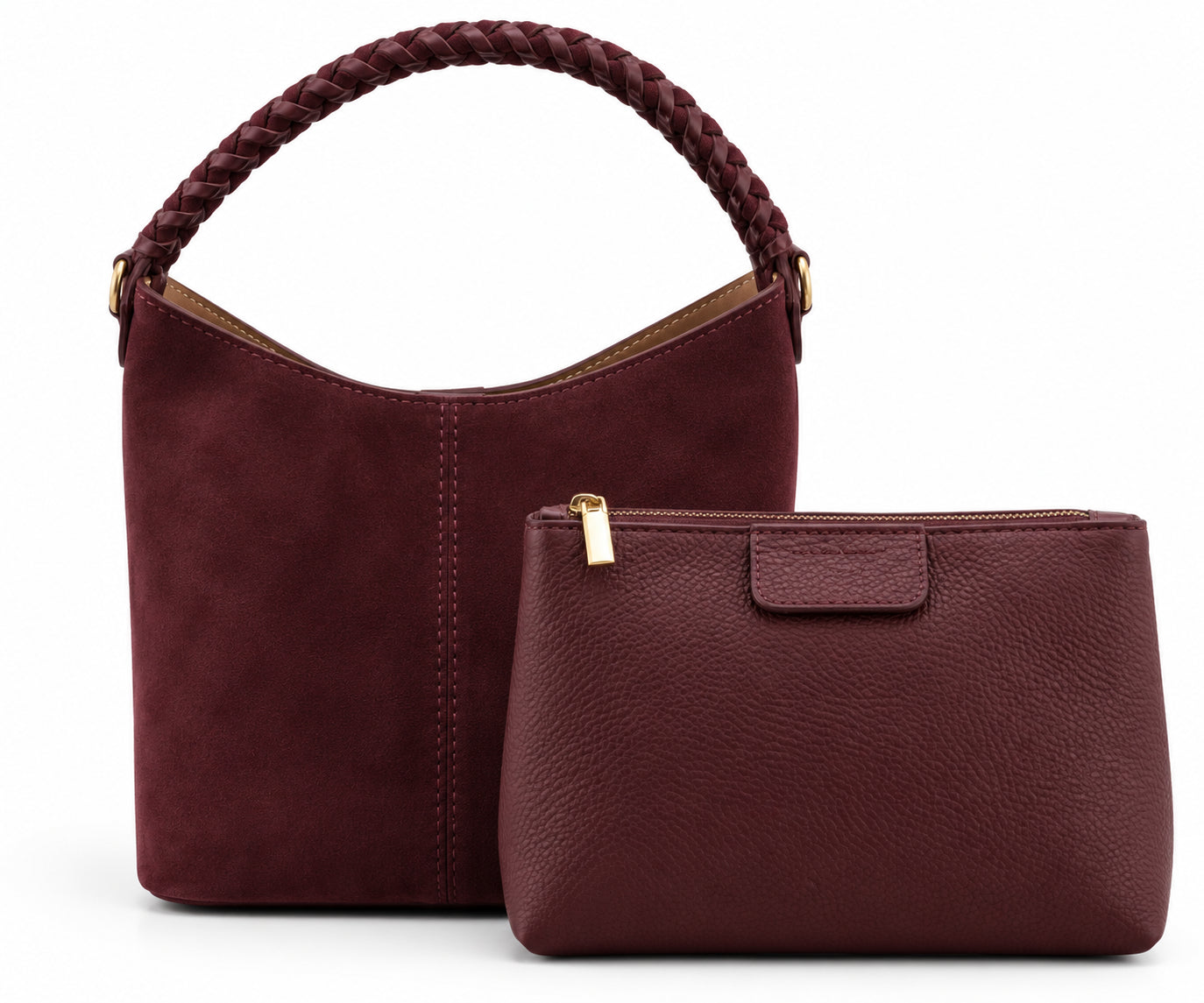 Borsa Vera Pelle in Camoscio Cuoio con Manico Intrecciato, Tracolla e Pochette