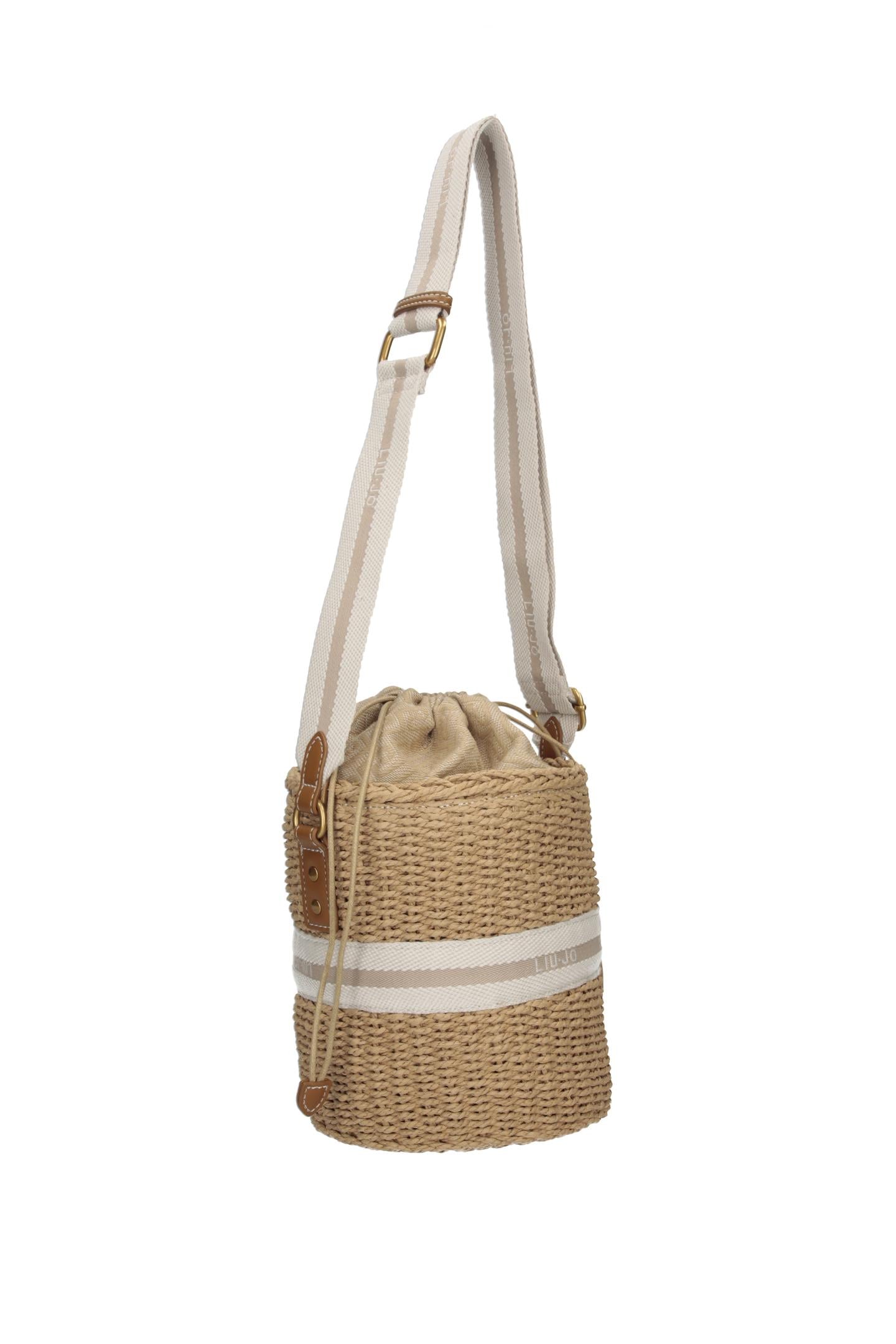 Borsa a tracolla Liu Jo effetto paglia con dettagli denim e logo Cream TU | Giò Fashion