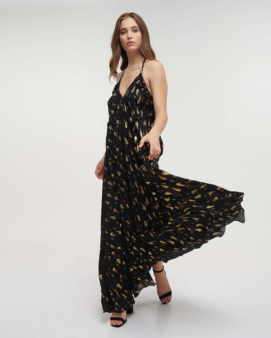 Ble Resort Collection Abito Lungo con Schiena Scoperta con Stampe e Volant