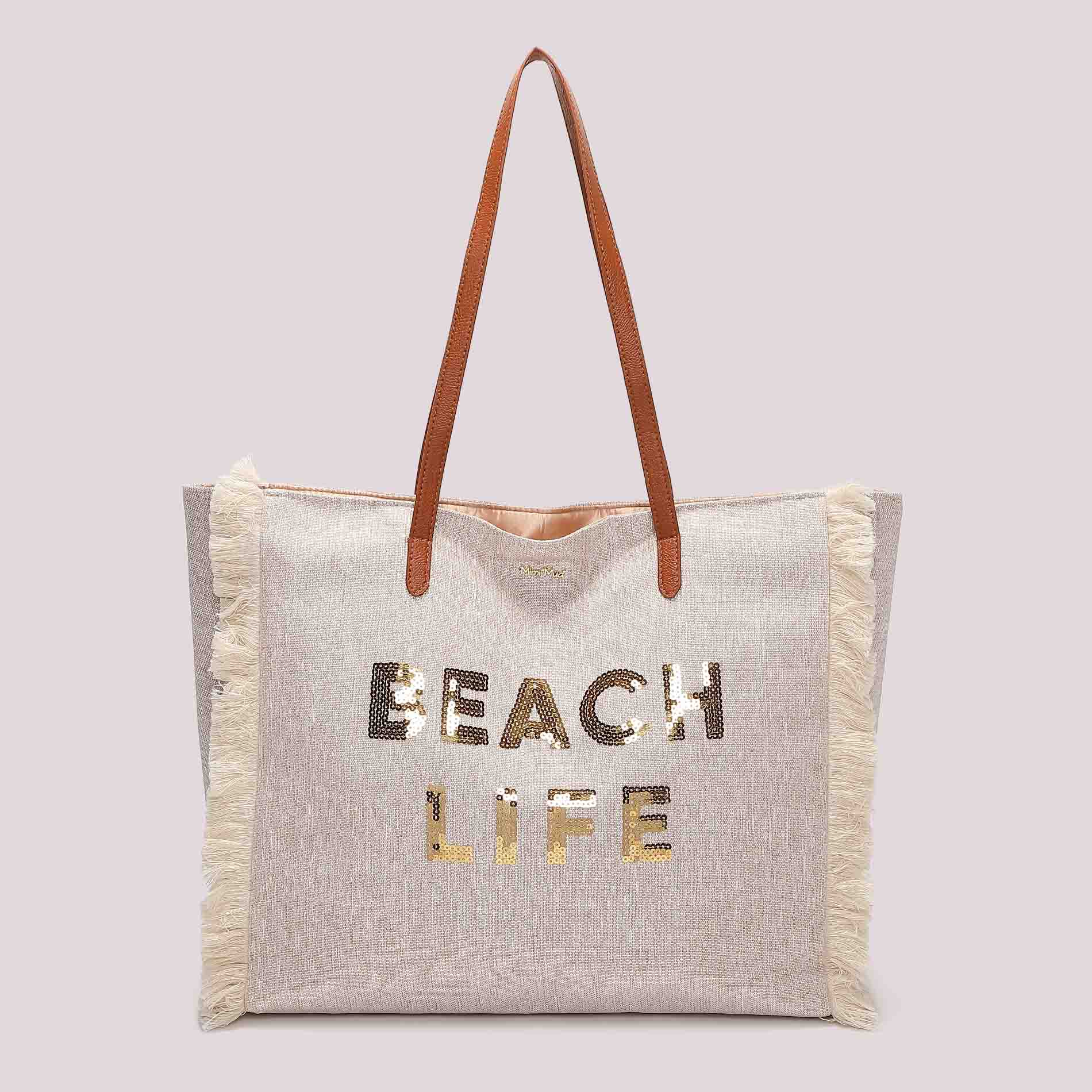 Mimi Mua shopper mare con scritta e paillettes Beige TU | Giò Fashion