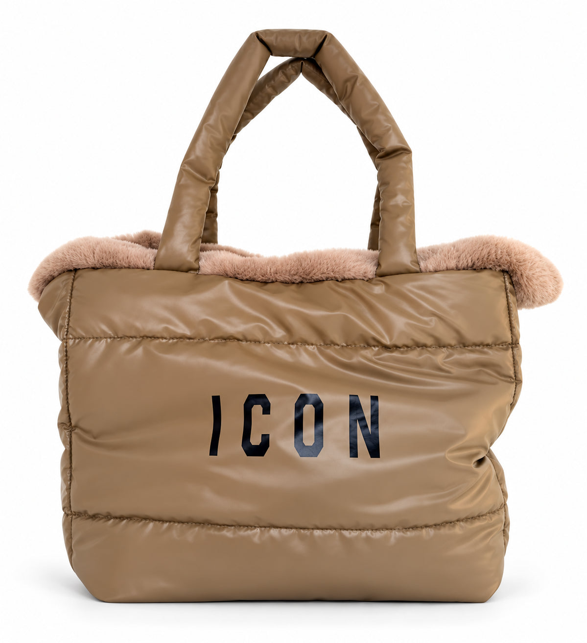 Borsa shopping trapuntata con bordo effetto pelliccia e doppi manici