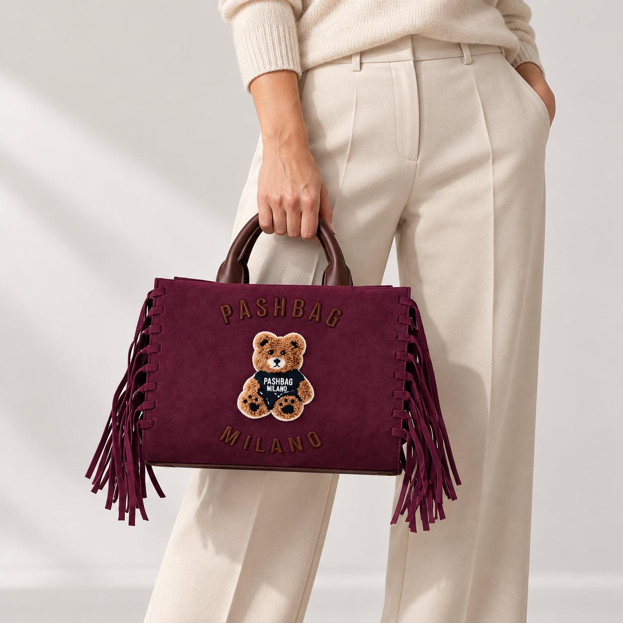 Borsa a mano Pash Bag Milano con orsetto e frange