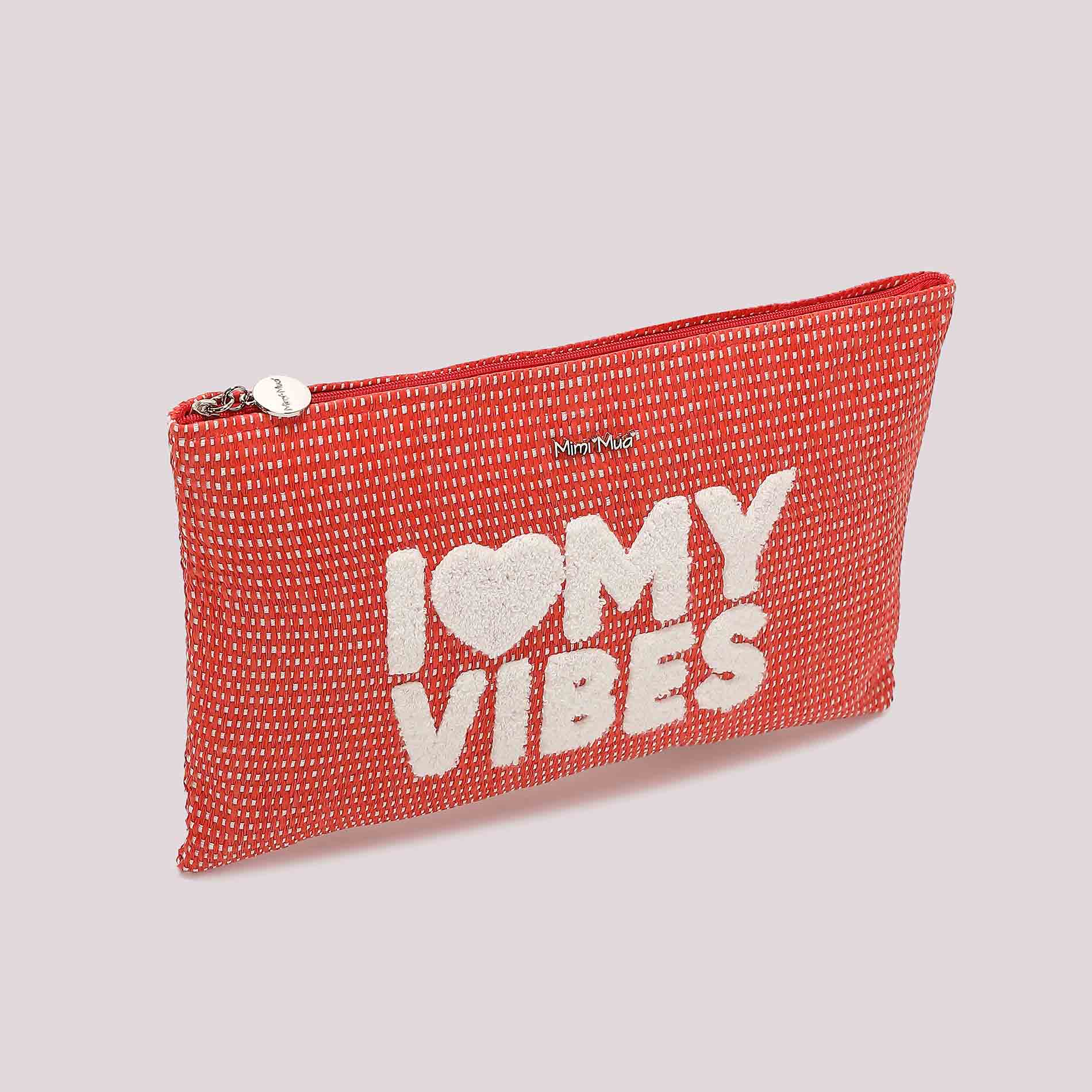 Mimi Mua pochette mare I Love My Vibes in tessuto intrecciato