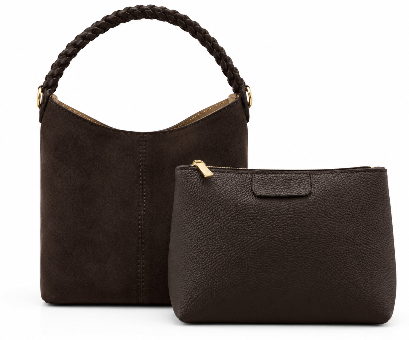 Borsa Vera Pelle in Camoscio Cuoio con Manico Intrecciato, Tracolla e Pochette
