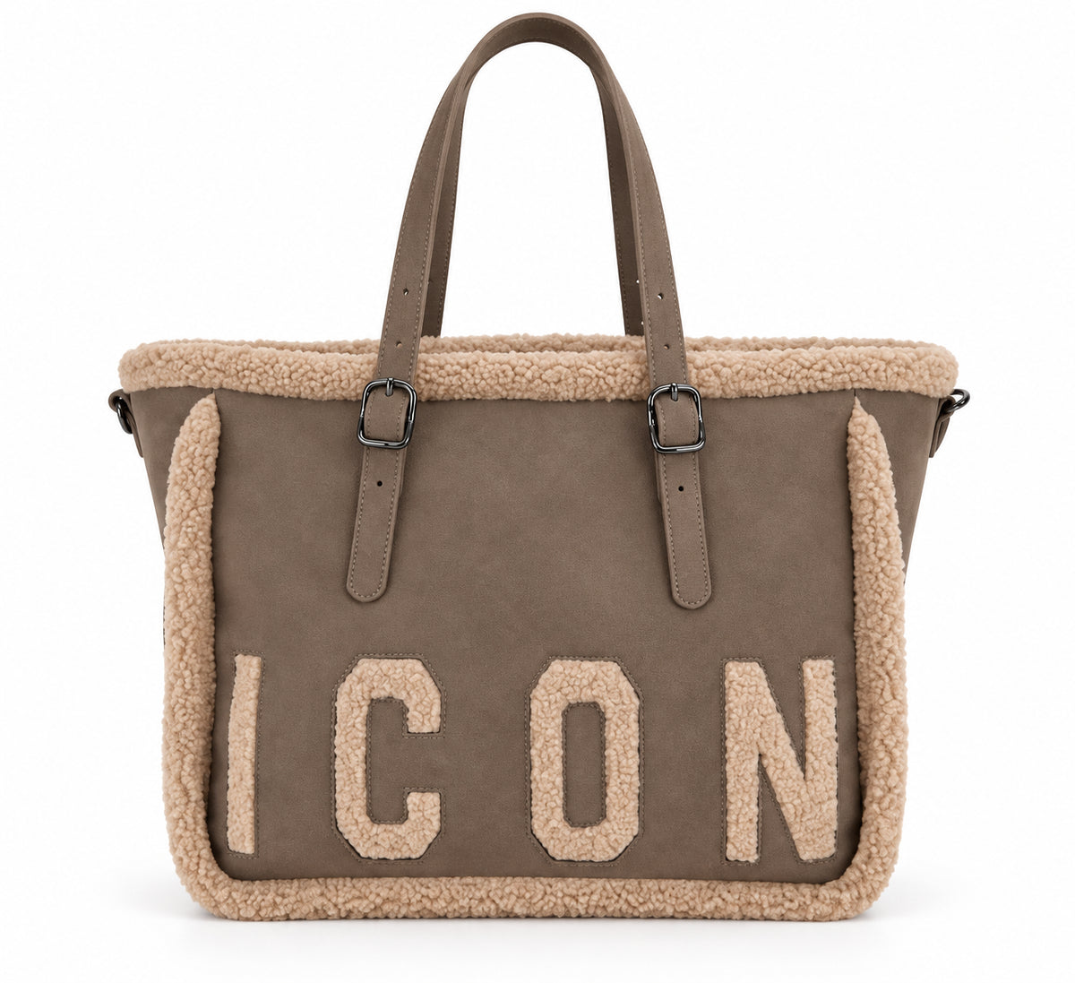 Borsa shopping a spalla effetto scamosciato con dettagli teddy
