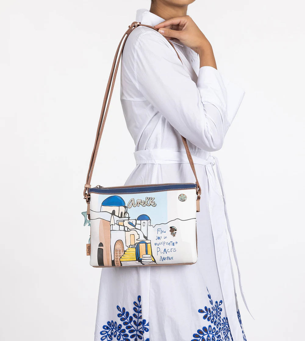 Borsa a tracolla Anekke Sunrise con tre scomparti e stampa mediterranea Bianco TU | Giò Fashion
