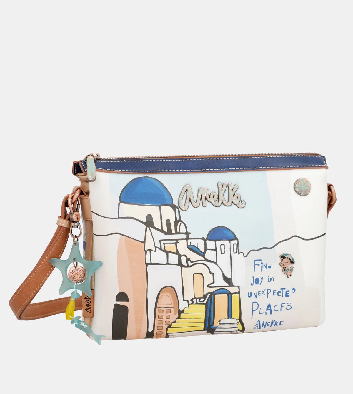 Borsa a tracolla Anekke Sunrise con tre scomparti e stampa mediterranea