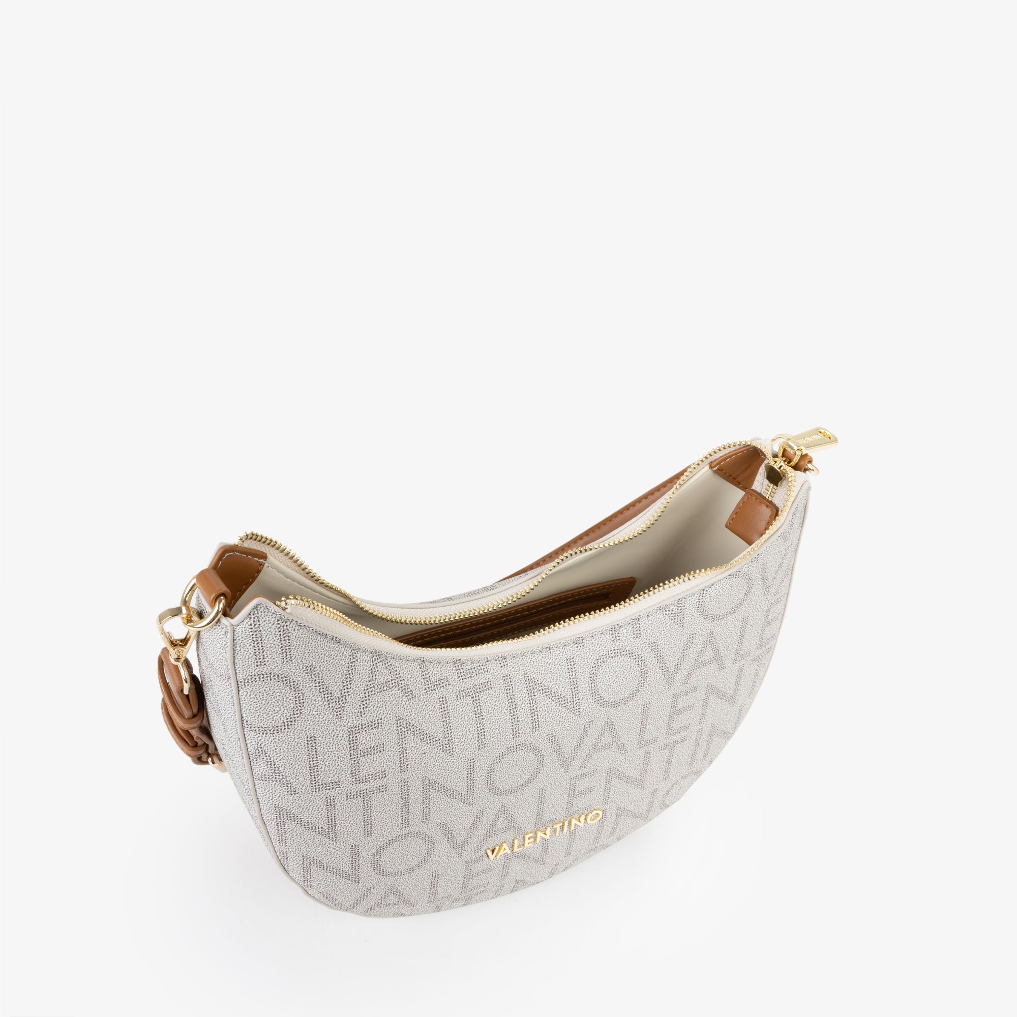 Borsa a spalla donna Mario Valentino mezzaluna con stampa logo e tracolla regolabile Beige TU | Giò Fashion
