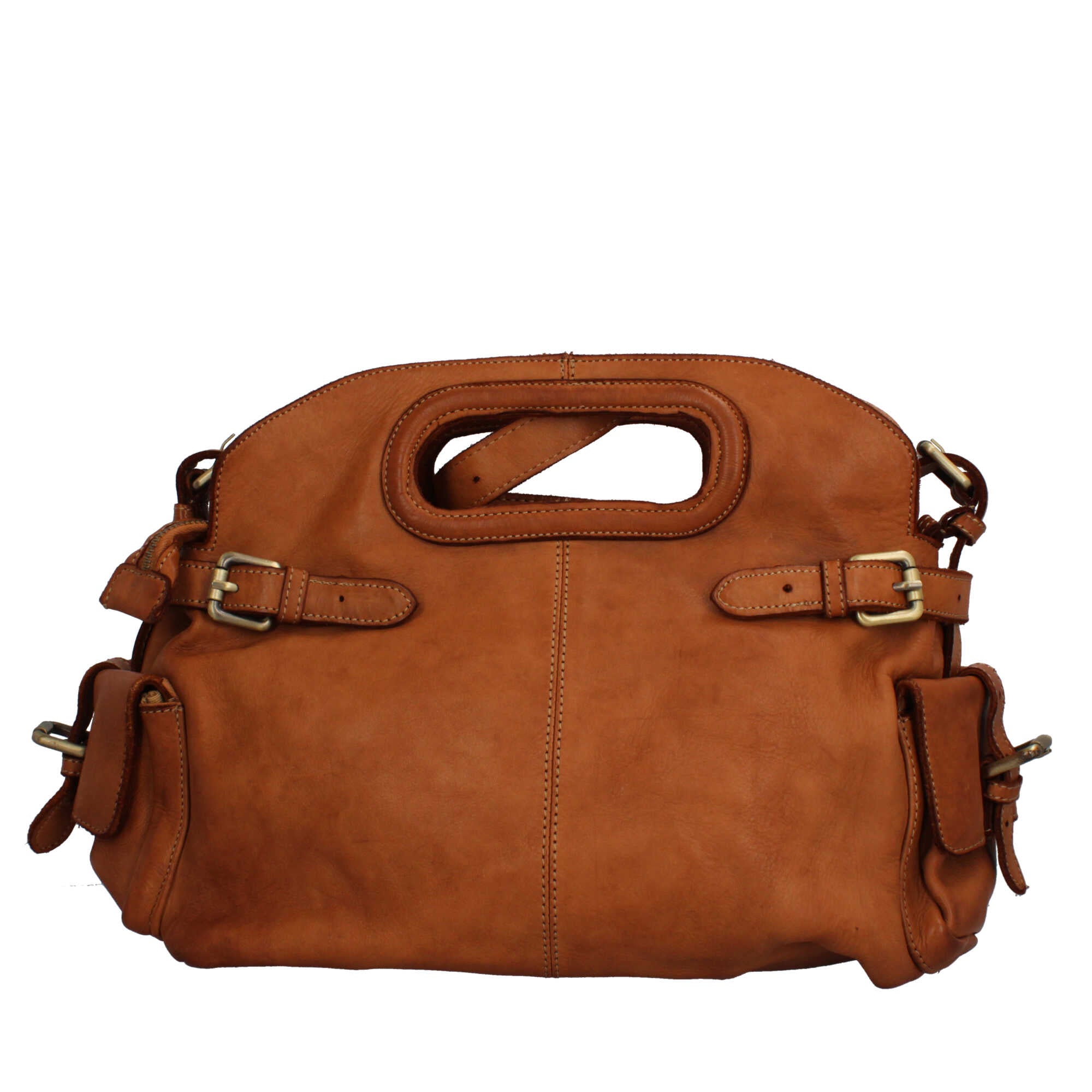 Borsa in pelle con tasche frontali e manico rigido