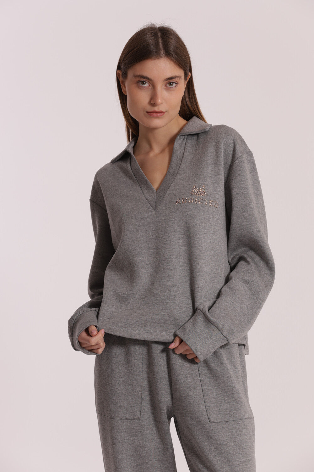 Felpa con scollo a V e logo gioiello Mimi Mua Grigio XL | Giò Fashion