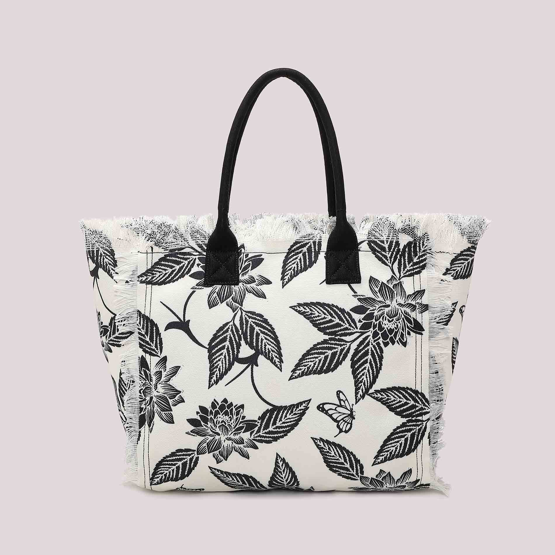 Borsa shopping donna Mimi Mua Firenze in tessuto con stampa e frange laterali PANNA/NERO TU | Giò Fashion